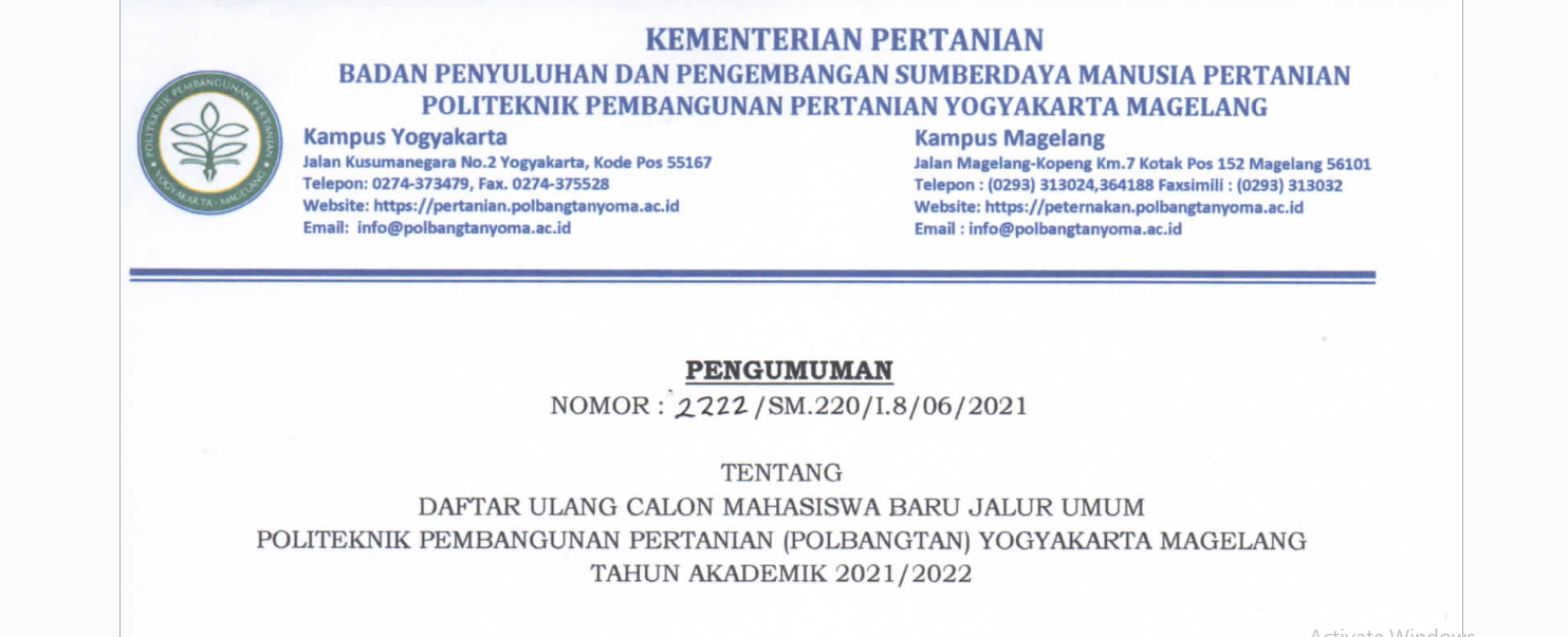 Daftar Ulang Calon Mahasiswa Baru Jalur Umum Polbangtan YoMa